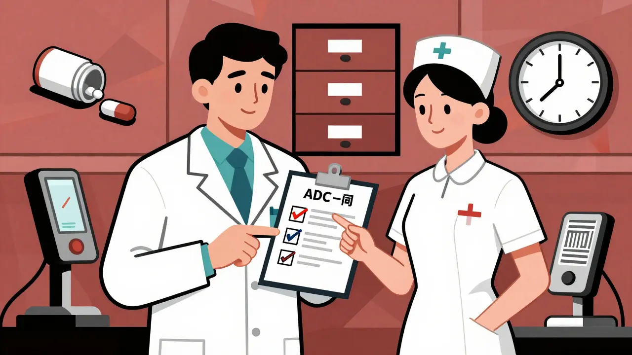 Pharmacist and nurse verifying ADC override with checklist icons and failed scenario panels.