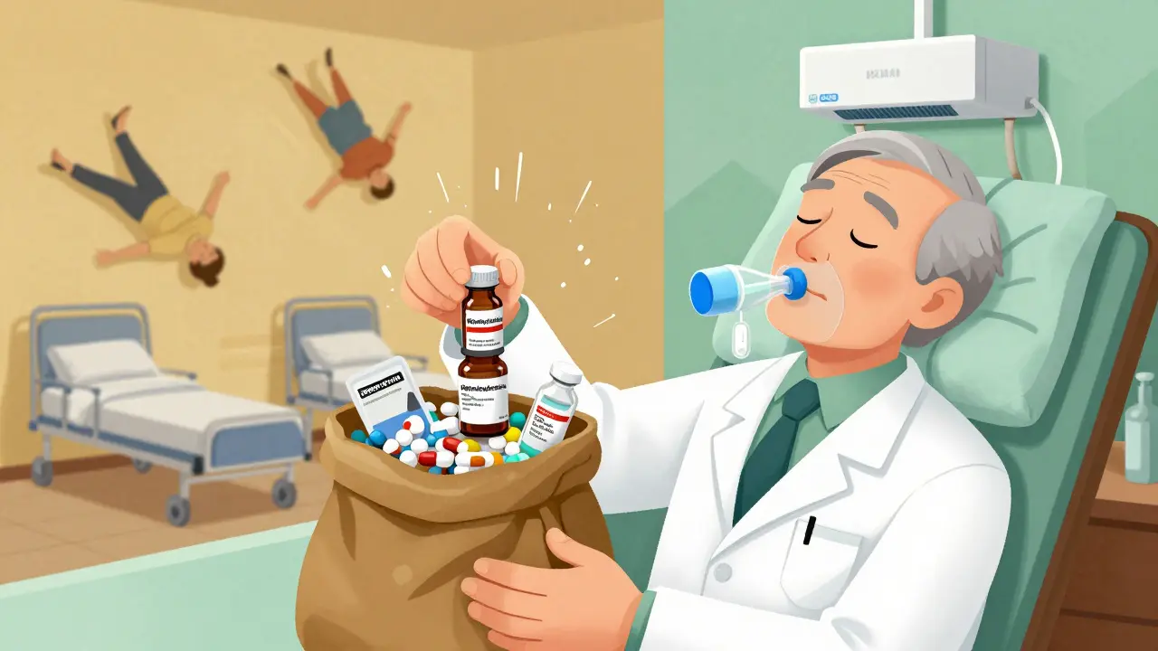 Pharmacist swapping risky antihistamine for safer one, with fall risks on one side and safe alternatives on the other.