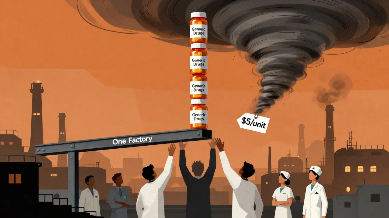 Pill bottles balanced on a single beam as a tornado approaches, representing fragile drug manufacturing.