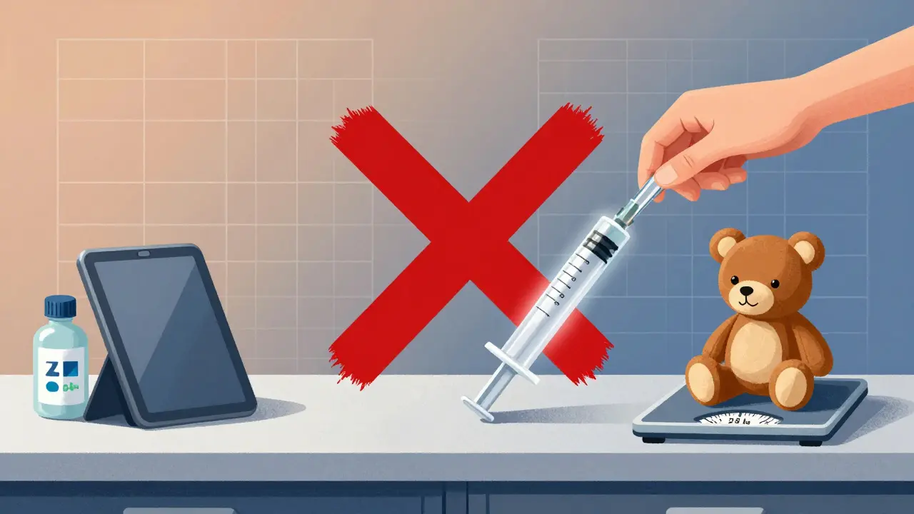 Red X over kitchen spoon, glowing syringe with precise mL markings beside medicine bottles