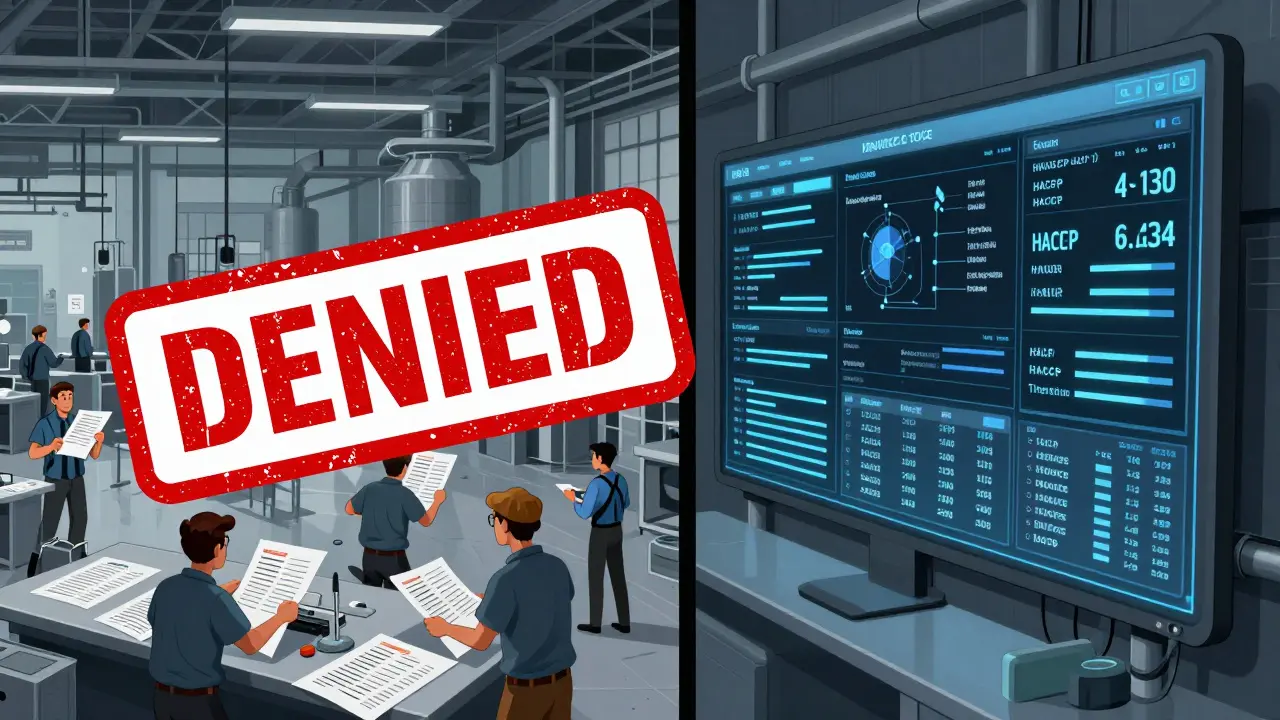 Split scene: chaotic paper records vs. digital compliance dashboard with a red 'DENIED' stamp over the left side.