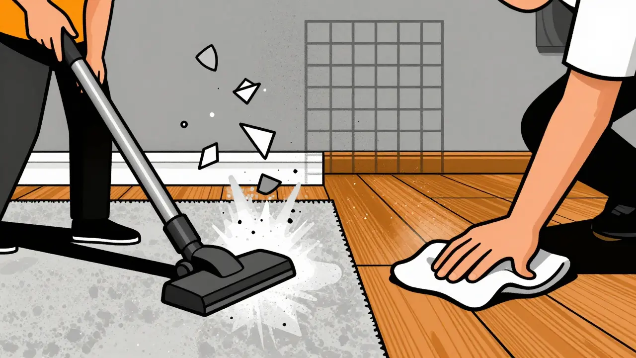 Split scene: HEPA vacuum trapping dander on left, person wiping floor on right, industrial cartoon style.