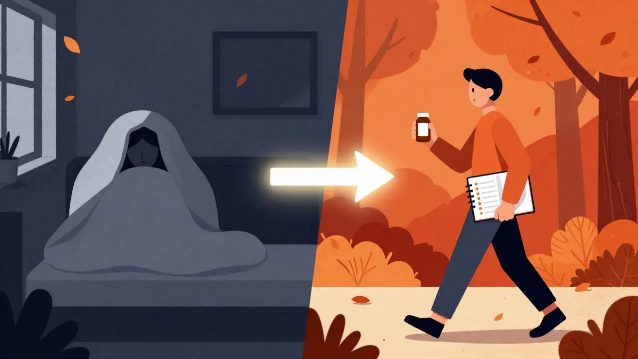 Split scene: person sleeping in dim room vs. walking outdoors with vitamin D bottle and schedule.