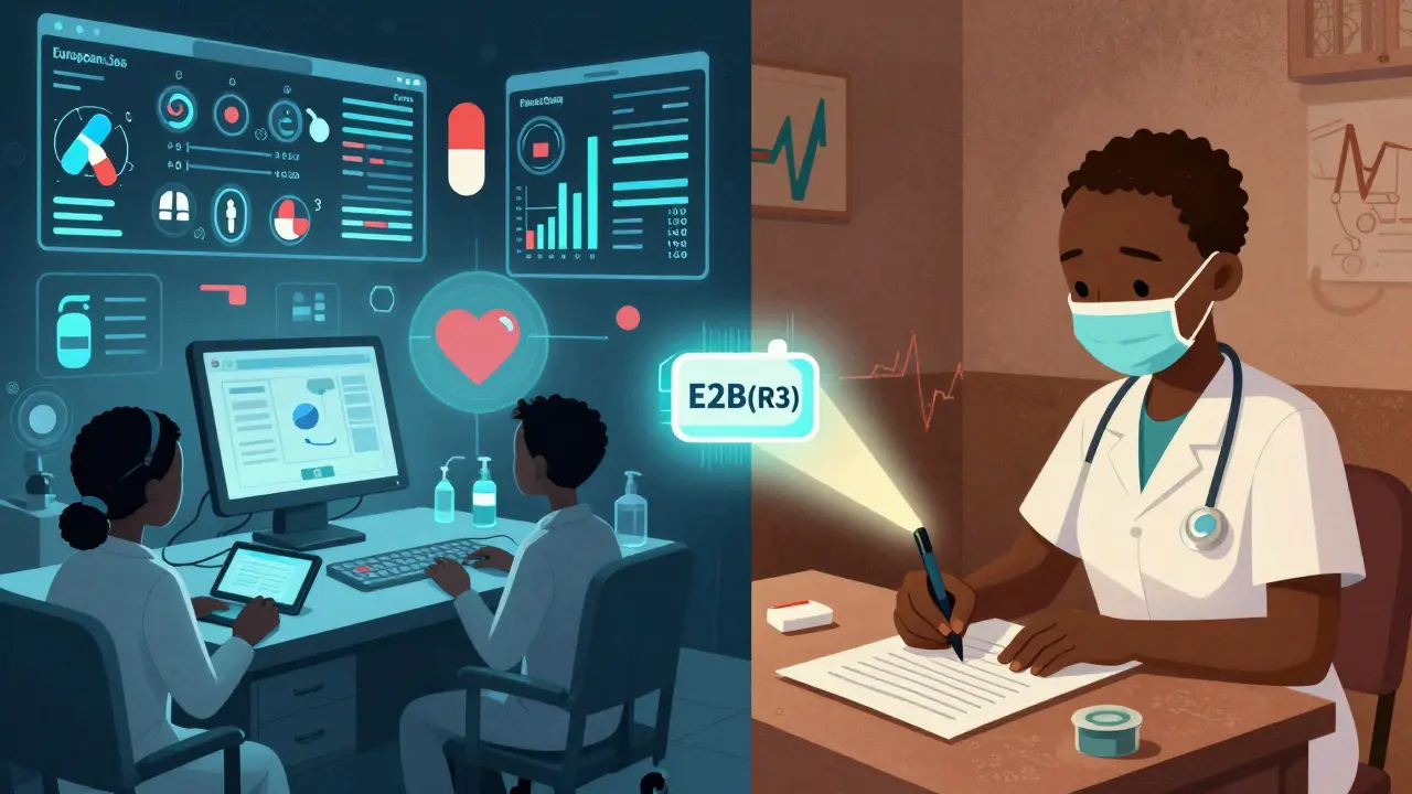 Split-screen showing digital reporting in Europe and handwritten reports in Africa connected by data light.