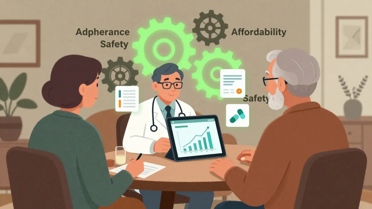Telehealth MTM session with floating health icons and rising savings graph in a home setting.