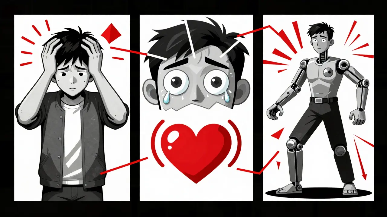 Three-panel illustration showing confusion, sweating, and muscle clonus with geometric fragmentation.