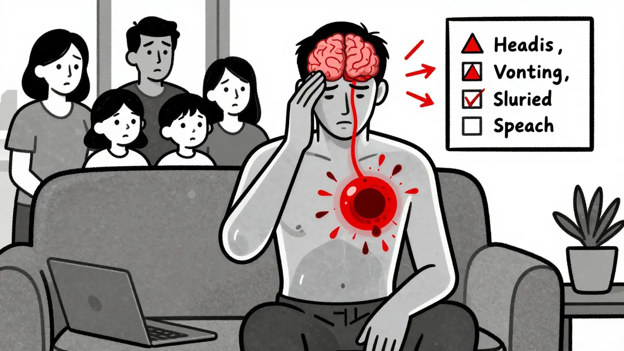 Transparent man showing brain bleed at home, family watching, warning signs as red geometric shapes on wall.