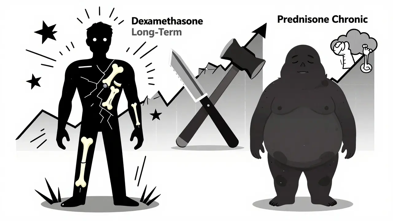 Two human figures show contrasting side effects: one with anxiety and bone cracks, the other with bloating and weight gain.