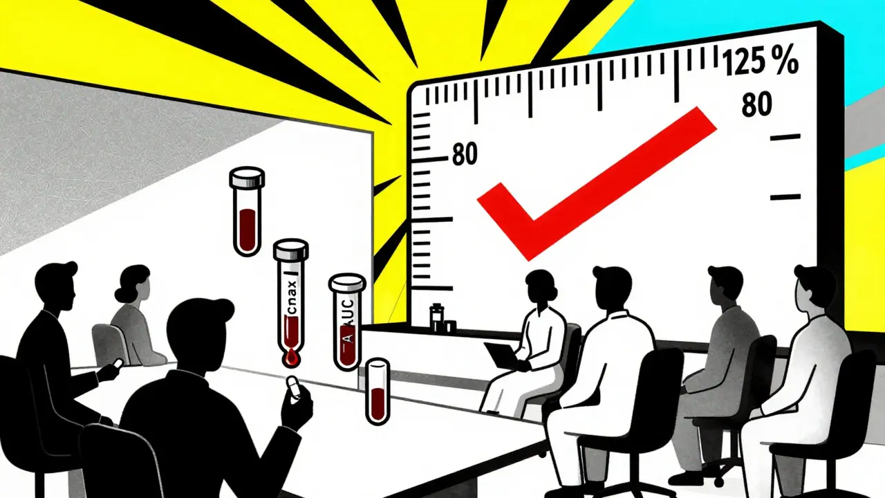 Volunteers in a clinical study with rising Cmax and AUC values under an 80-125% ruler.