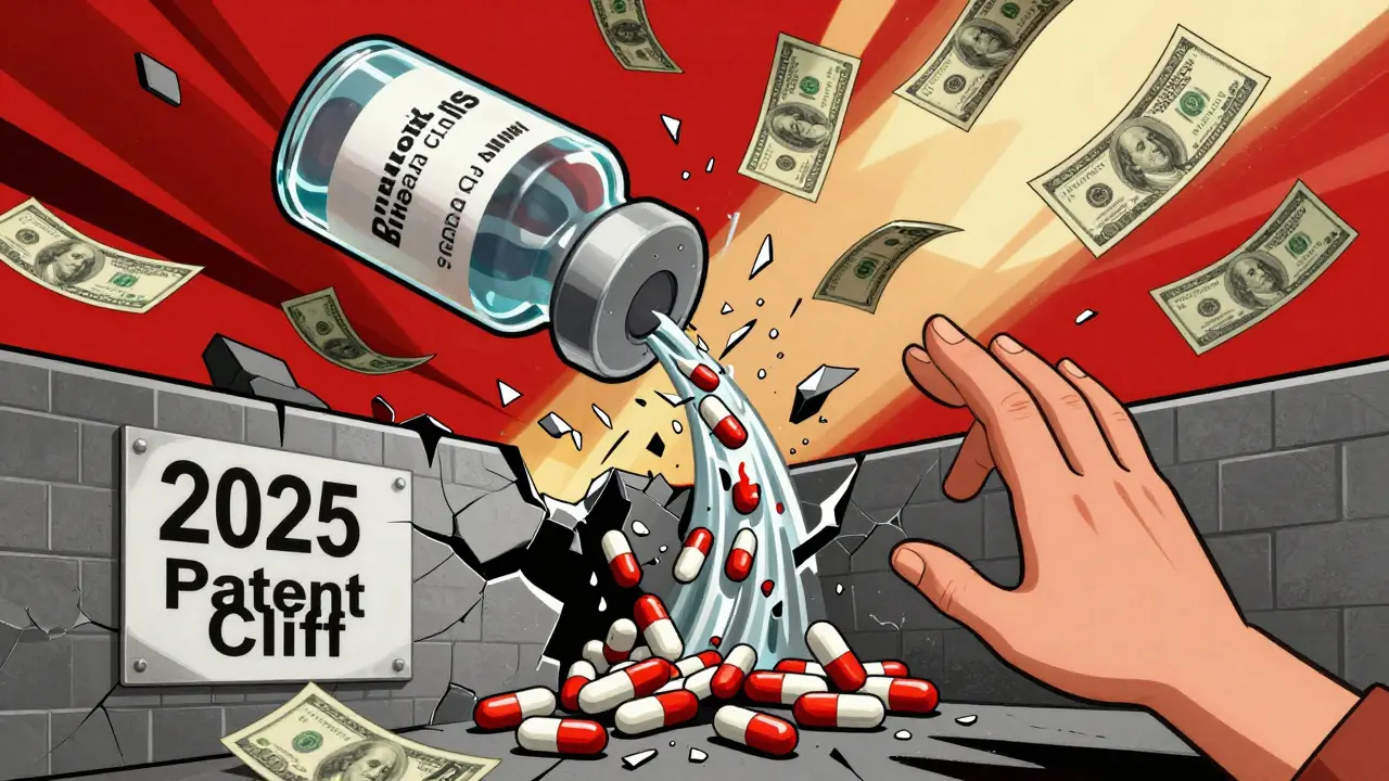 A biosimilar vial breaking open to release money and pills as patents crumble, symbolizing affordable access.