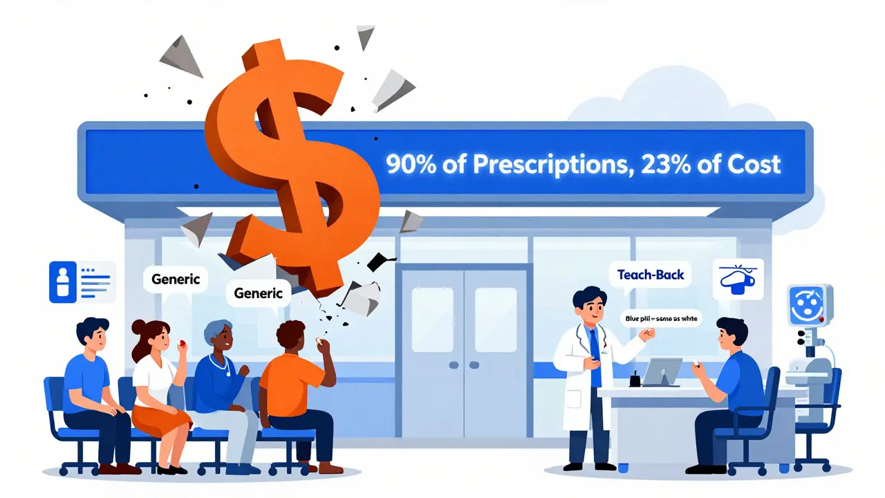 A crumbling ER cost symbol as patients confidently take generics under a banner showing cost savings and clear understanding.