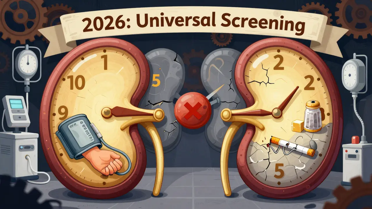 A kidney clock with five stages, golden early stages shielded by healthy habits, dark later stages fading.