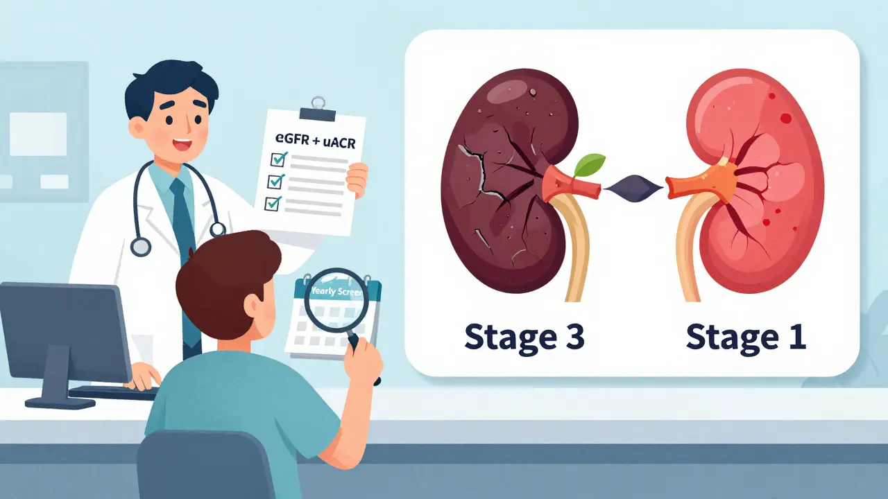A patient at a clinic with two timelines showing early vs late kidney damage, protected by screening.