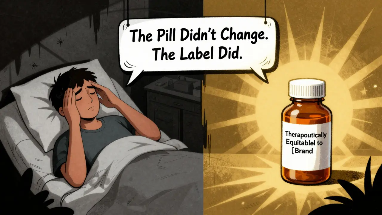 A patient in pain beside a generic pill bottle, split between dark despair and warm light after a label change reads 'Therapeutically Equivalent'.