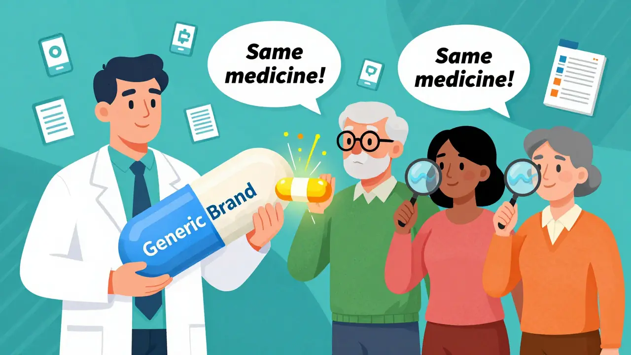 A pharmacist explains generics to diverse patients using visual aids, with identical drug waveforms emerging from both pill types.