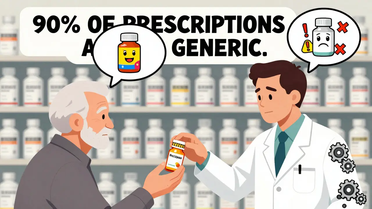 A pharmacist gives a pill bottle to an elderly patient, with contrasting thought bubbles showing brand trust versus generic fear.