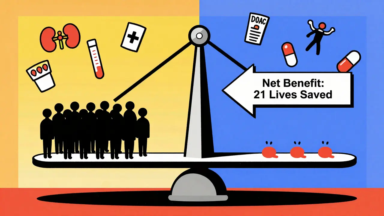 Balanced scale comparing stroke prevention to bleeding risk, with medical icons and net benefit label.