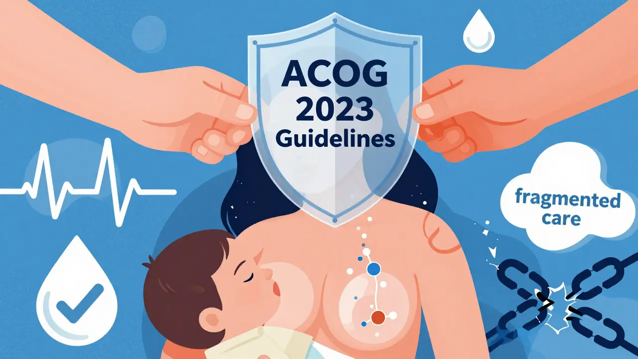 Breastfeeding mother with transparent layers showing minimal medication transfer, protected by a shield labeled ACOG guidelines held by two medical professionals.