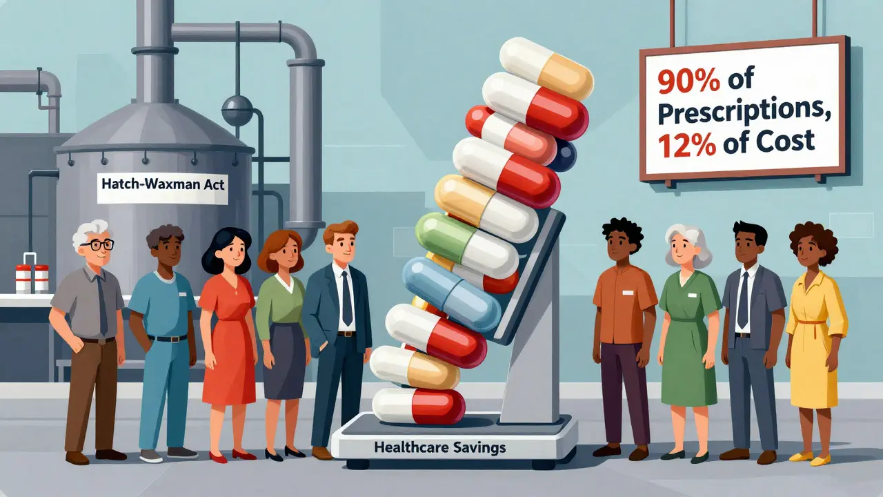 Diverse patients on a scale tipping toward generic drugs, with a factory producing them and a slogan about cost savings.