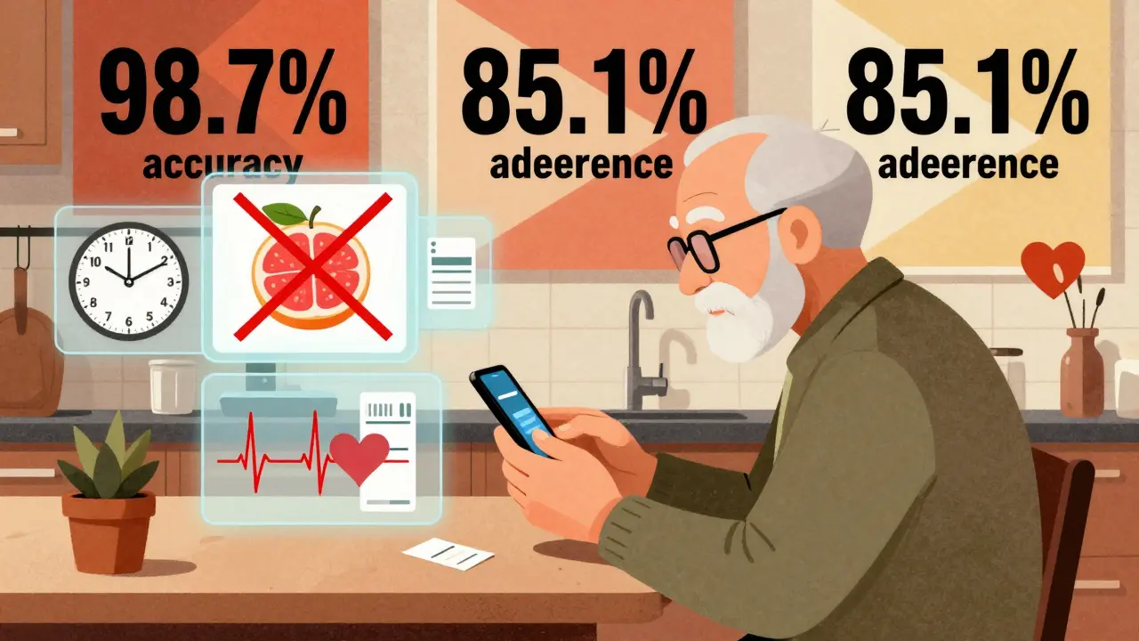 Elderly person scanning a prescription label with floating safety alerts and statistics displayed in geometric panels.