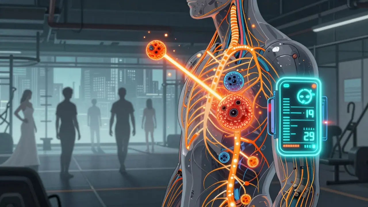Futuristic smart sleeve monitoring core temperature on a human torso, with neural and immune signals visualized as glowing lines.