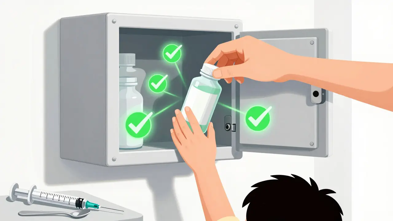 Locked medicine cabinet out of child’s reach, with parent safely storing medication.