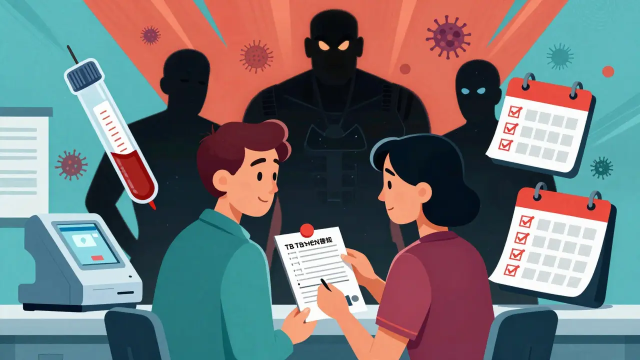 Patient with negative TB test while shadowy bacteria loom, surrounded by medical test icons and quarterly checkmark calendar.