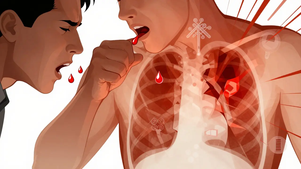 Person coughing with geometric droplets and abstract chest X-ray