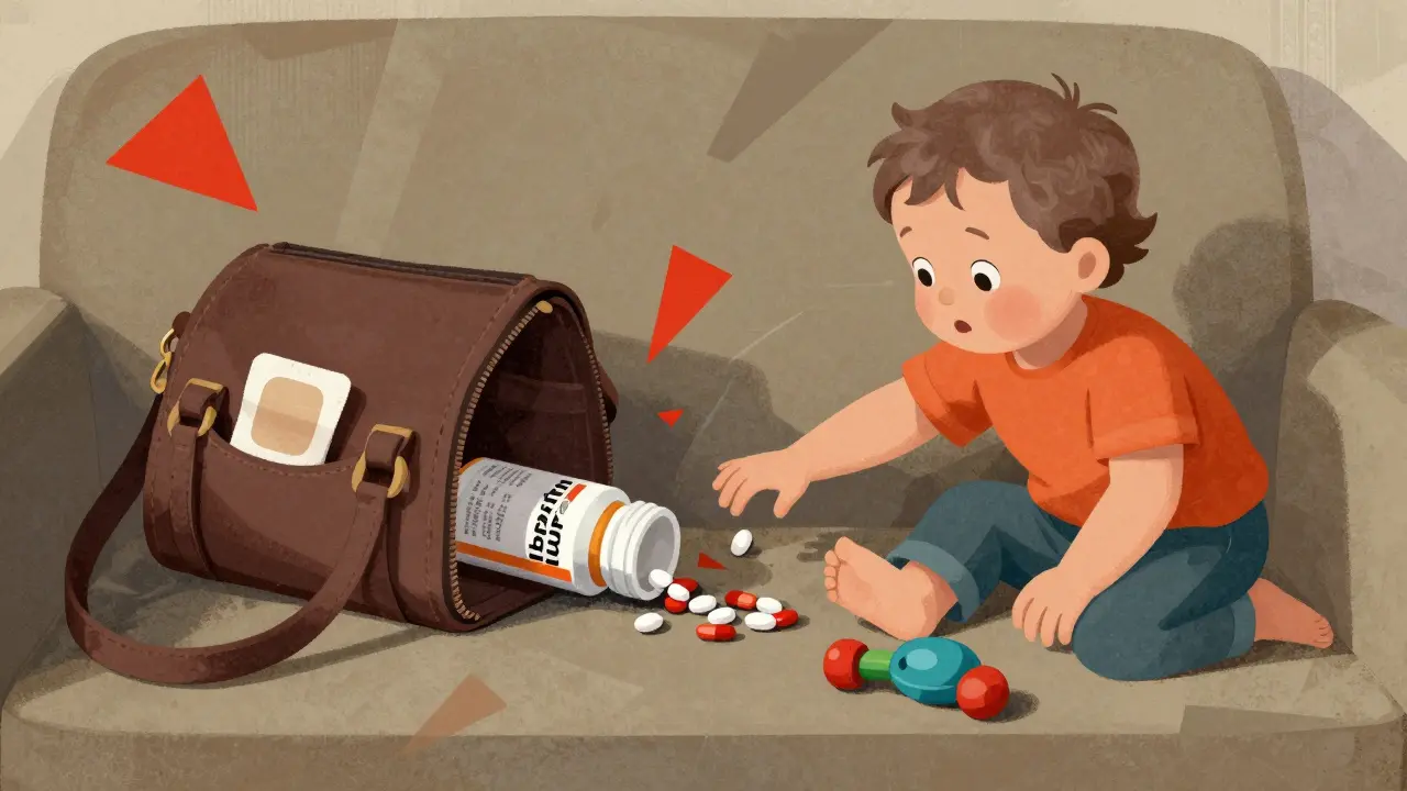 Pill bottles spilling from a purse as a child reaches for them on a couch.