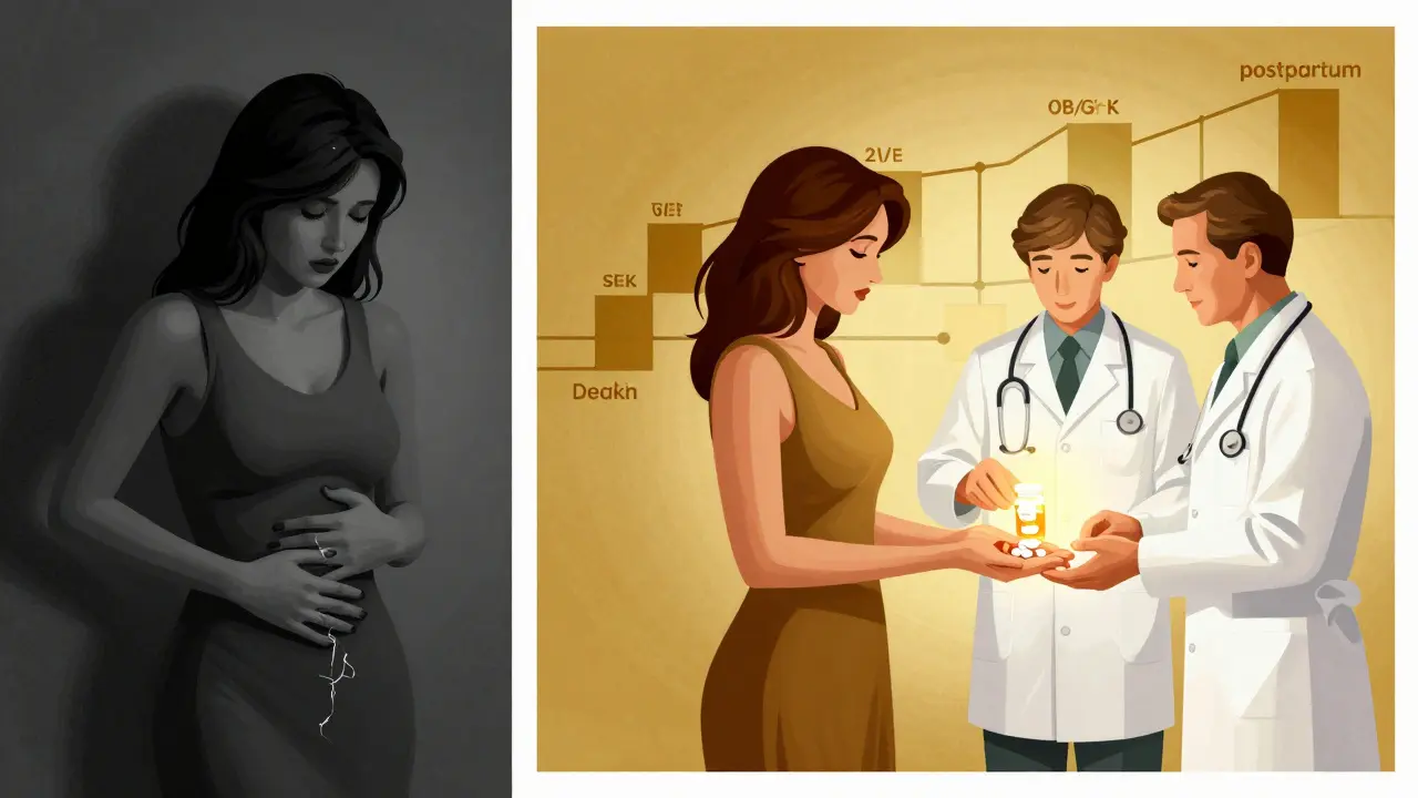 Split scene: a woman in shadow with a crumbling pill bottle versus the same woman in light, receiving a safe medication from two doctors with geometric timeline elements.