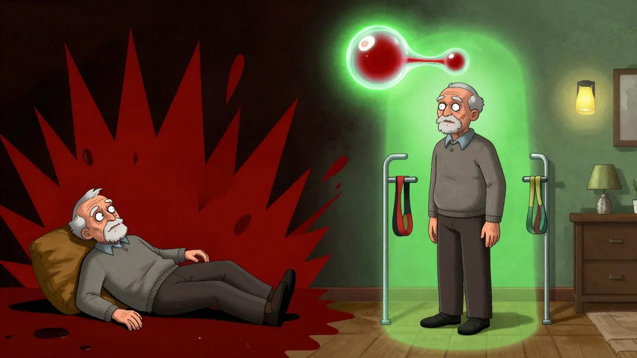 Split scene showing fall injury versus safe home environment with protective medical halo.