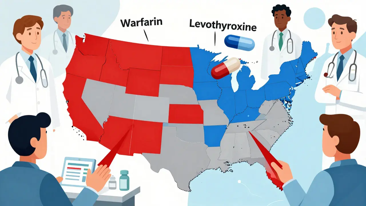 US map with color-coded drug substitution laws and floating NTI medication labels
