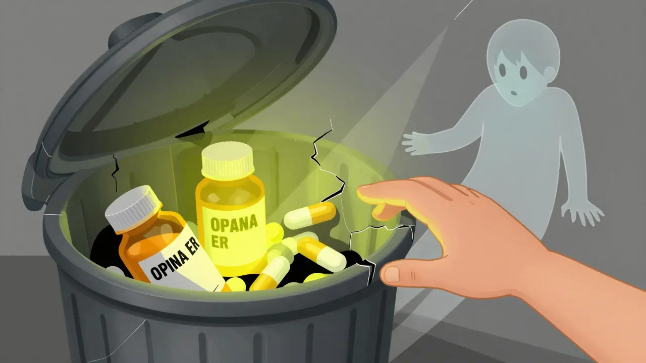 A child's hand reaching into a trash bin with a glowing oxymorphone pill bottle, a ghostly figure collapsing behind.