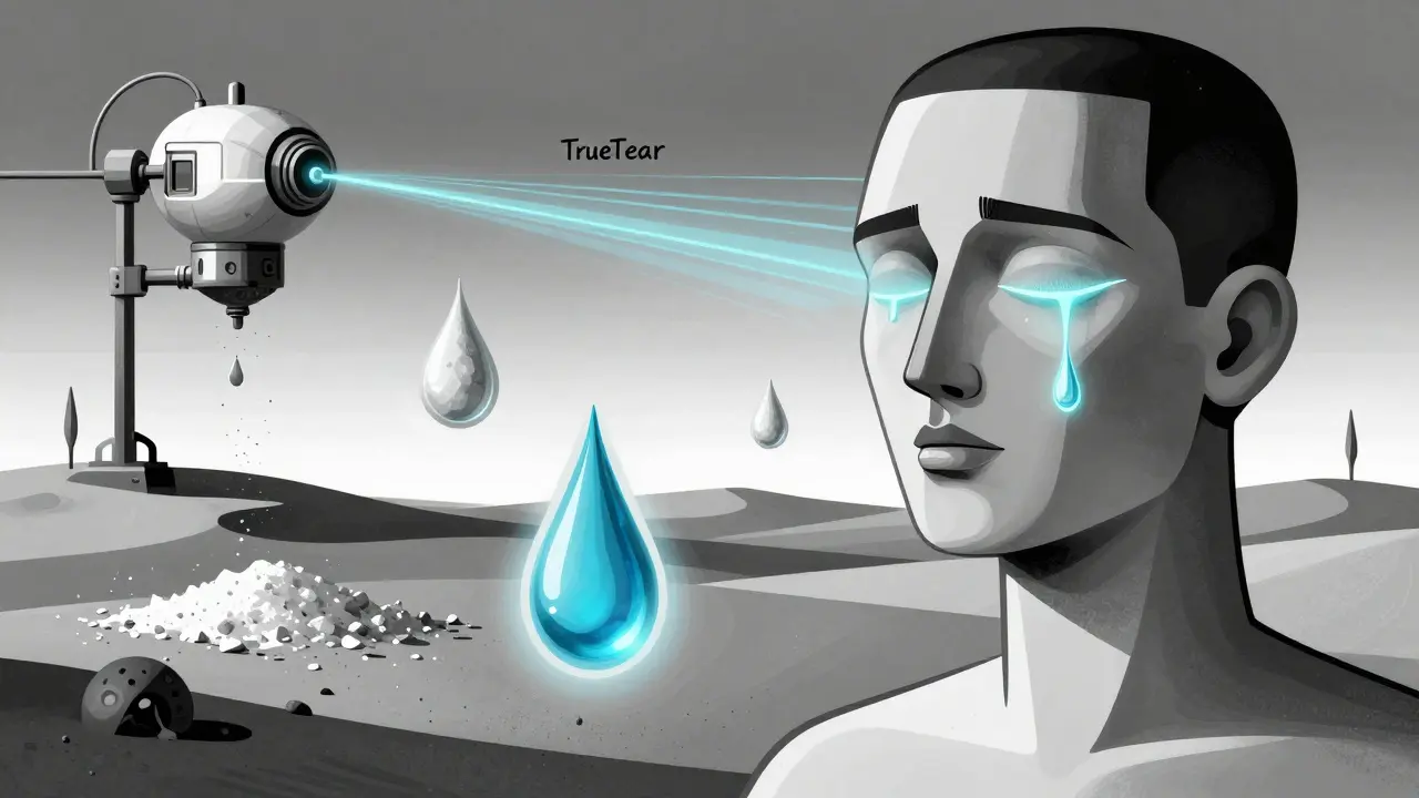 A figure in a desert of tear droplets, with one glowing hydrogel insert and a futuristic device stimulating tear production in the background.