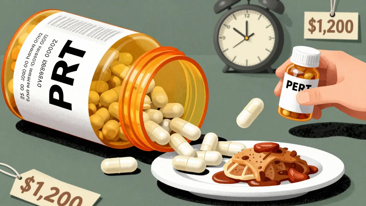 A giant pill bottle pouring enzyme capsules into greasy food, with price tag and proton pump inhibitor bottle nearby.