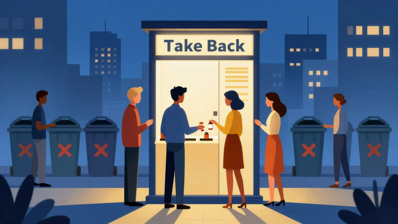 A glowing pharmacy take-back kiosk with people dropping medications, trash bins with red X's fading away.