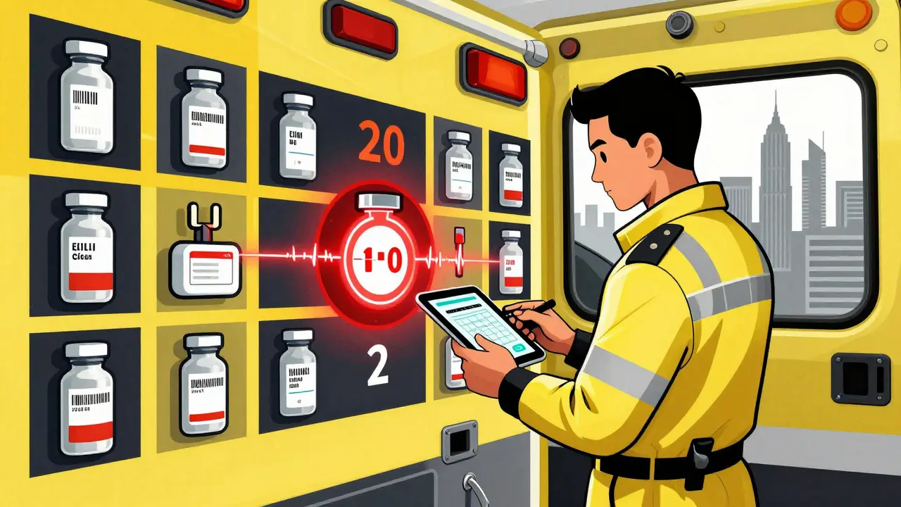 A paramedic scans a medication vial in an ambulance as a red expiration warning pulses, medical supplies arranged in geometric grids.