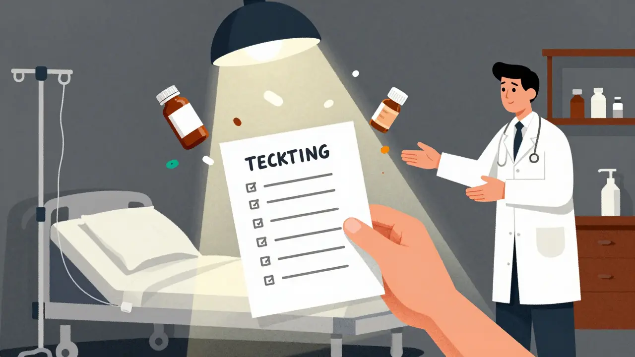 A person holds a medication list as floating images of expired pills and medical errors surround them.