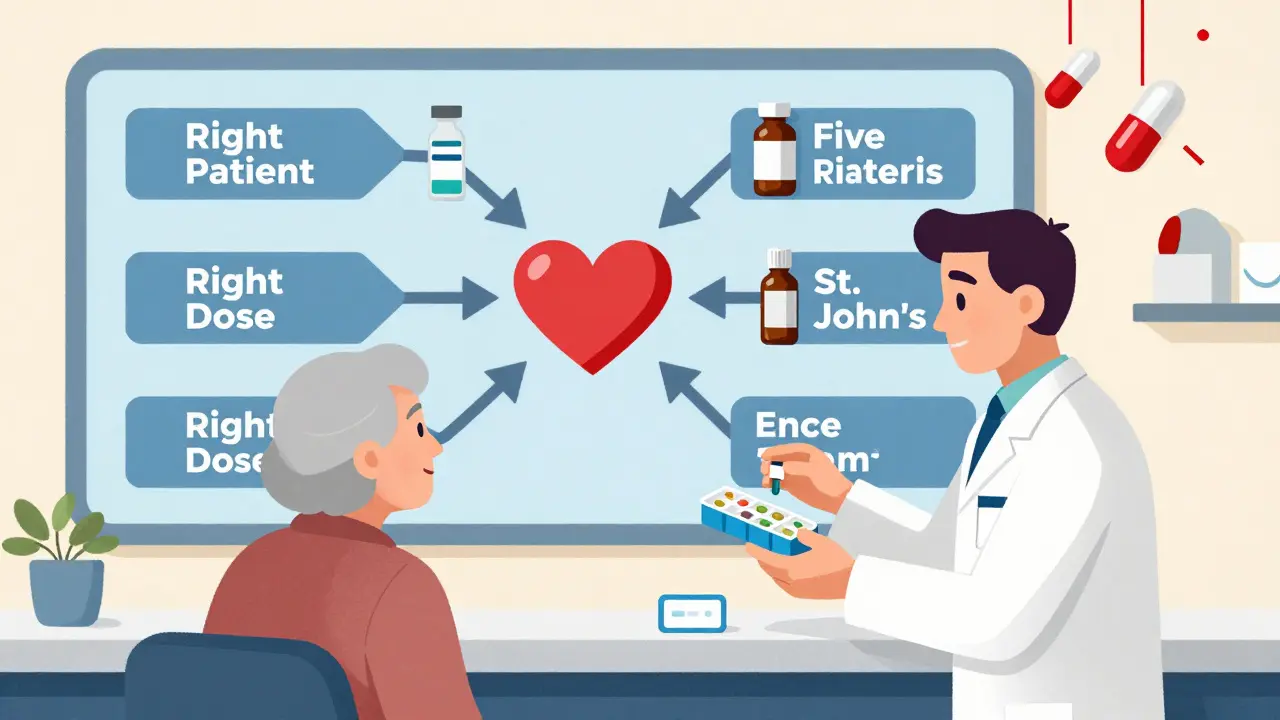 A pharmacist gives a pill organizer to a patient as a wall displays the Five Rights of medication safety.
