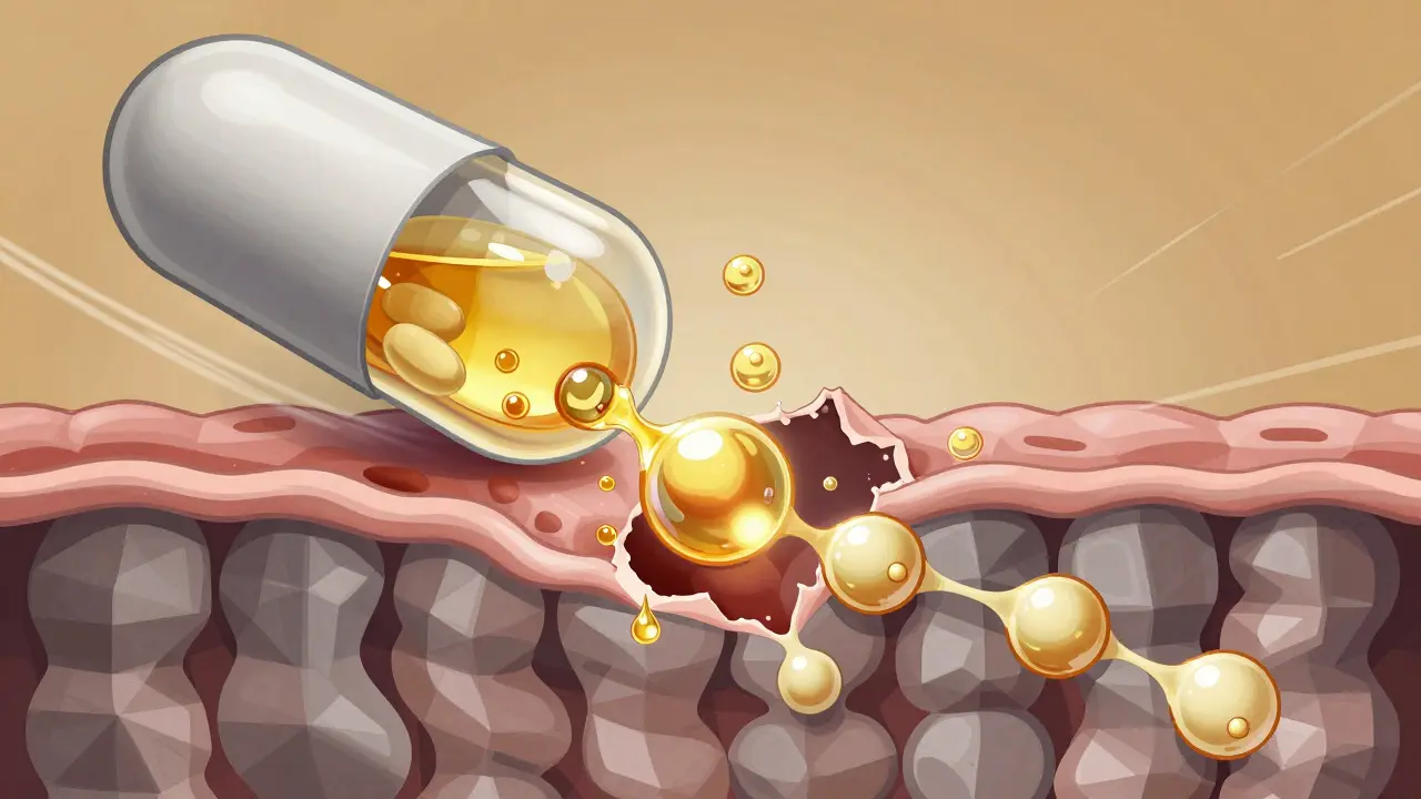 A soft gel capsule releasing oils and surfactants that form nanodroplets to carry drugs across intestinal walls.