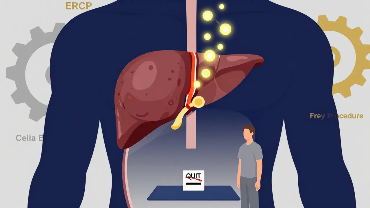 A surgical scene showing pancreas removal with islet cells rising to liver, alongside yoga mat and quit-smoking sign.