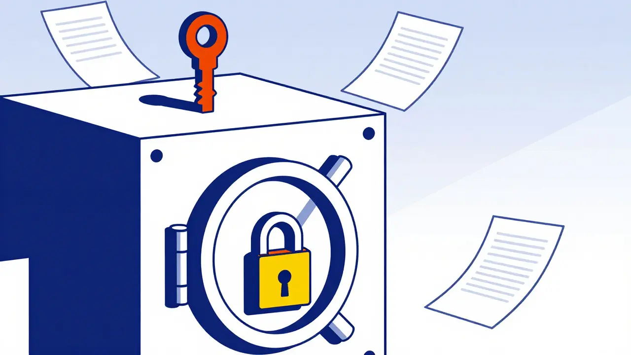 Abstract geometric vault with keys and floating paper planes representing records