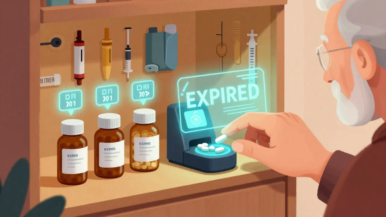 An elderly person reaches for a pill from a smart dispenser, but a holographic 'EXPIRED' alert blocks the action.