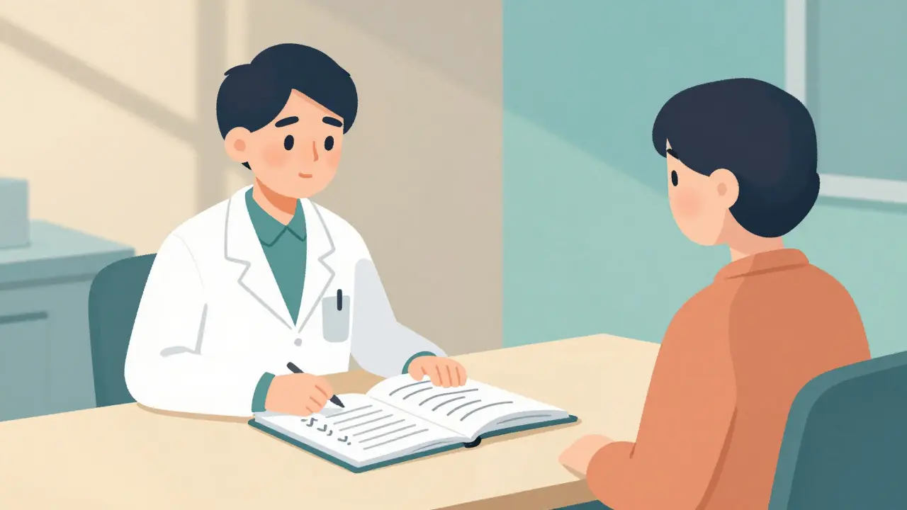 Healthcare provider and patient reviewing symptoms together calmly.