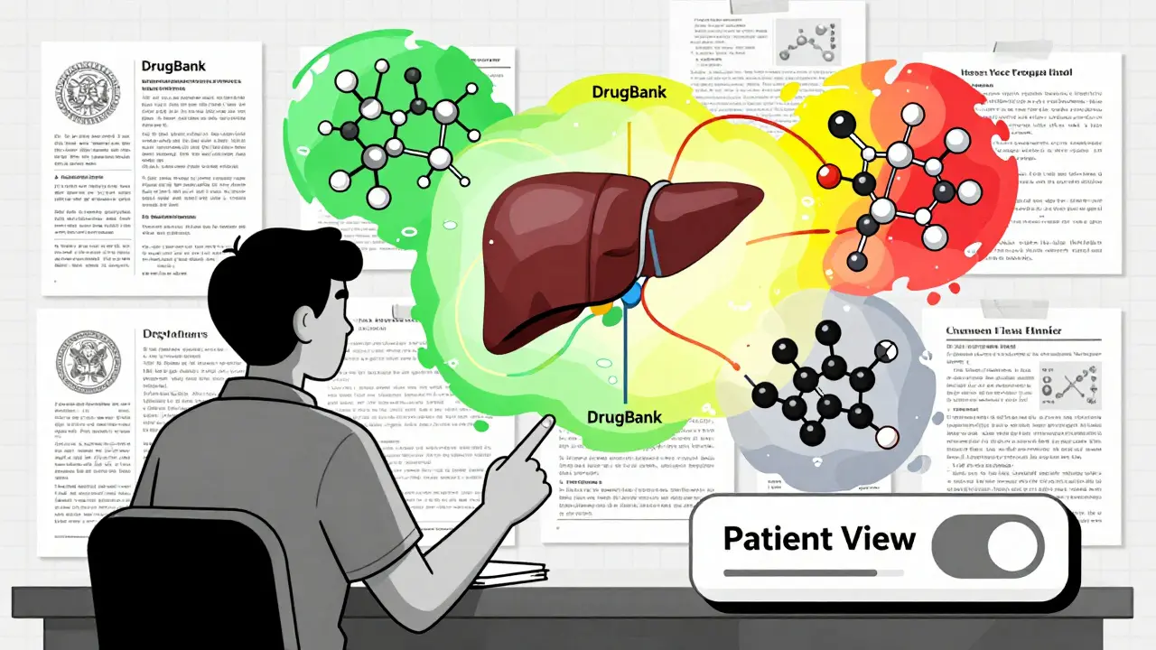 Person interacting with DrugBank's color-coded drug interaction diagram and simplified patient interface.