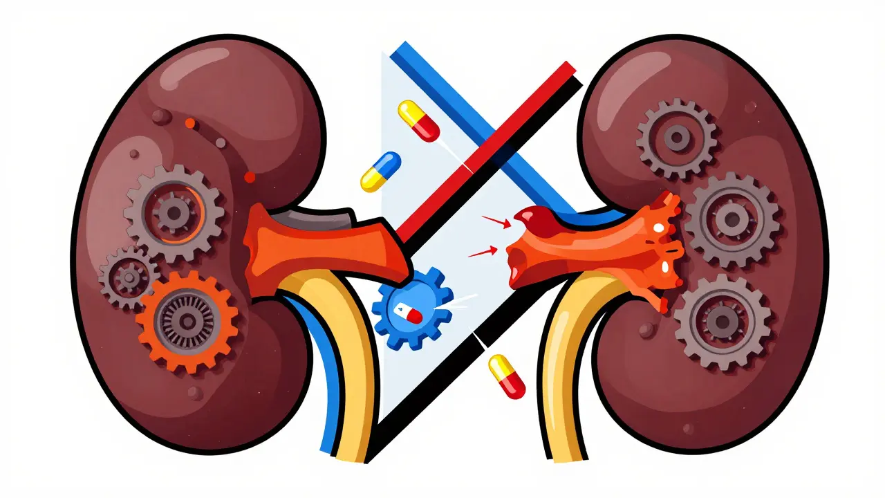 Stylized geometric depiction of internal organ filtering pathways and metabolic mechanisms