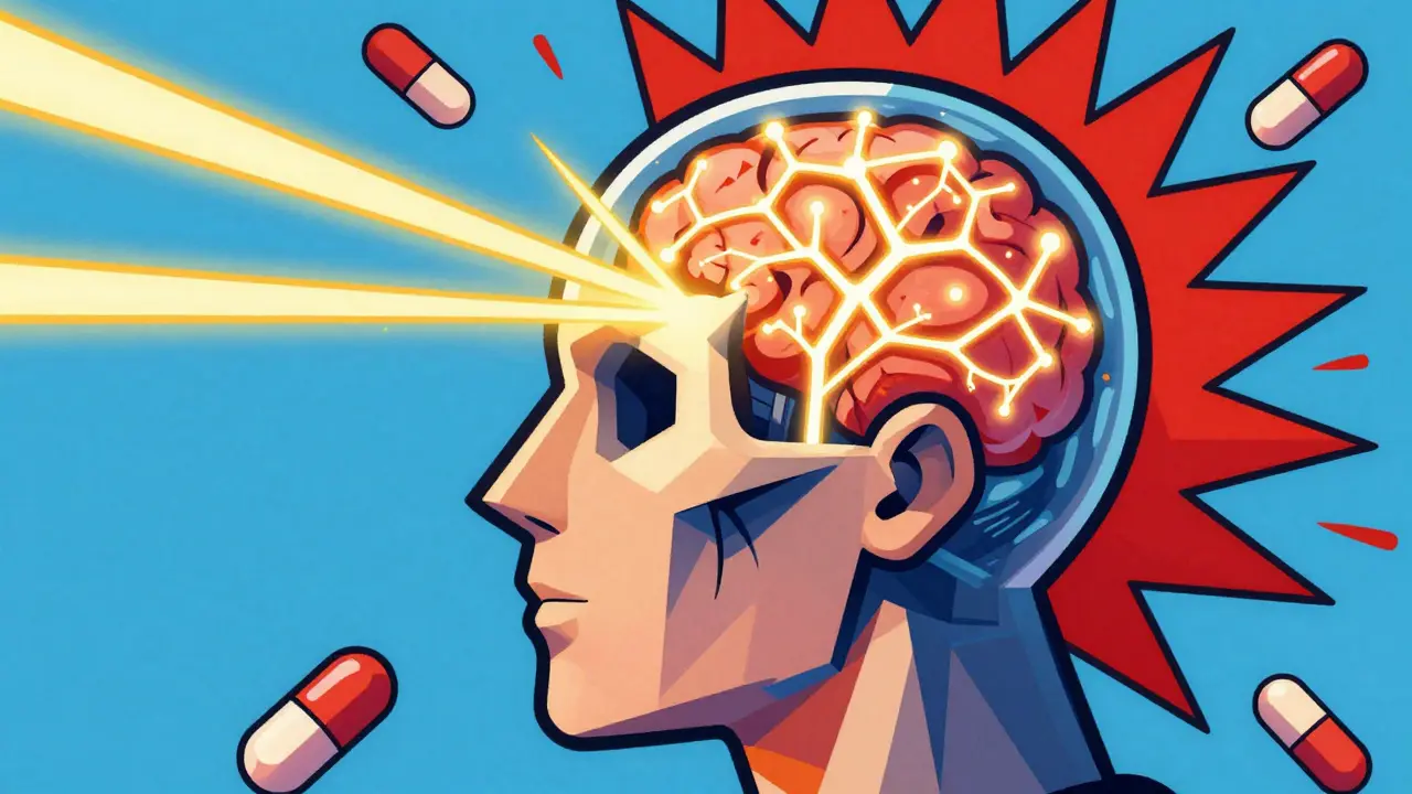 Stylized head with glowing brain areas representing psychological medication effects.