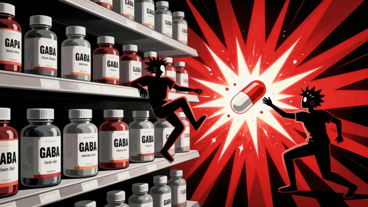 Supplement bottles with valerian and kava crossing the blood-brain barrier to collide with a sedative pill, in bold Constructivist style.