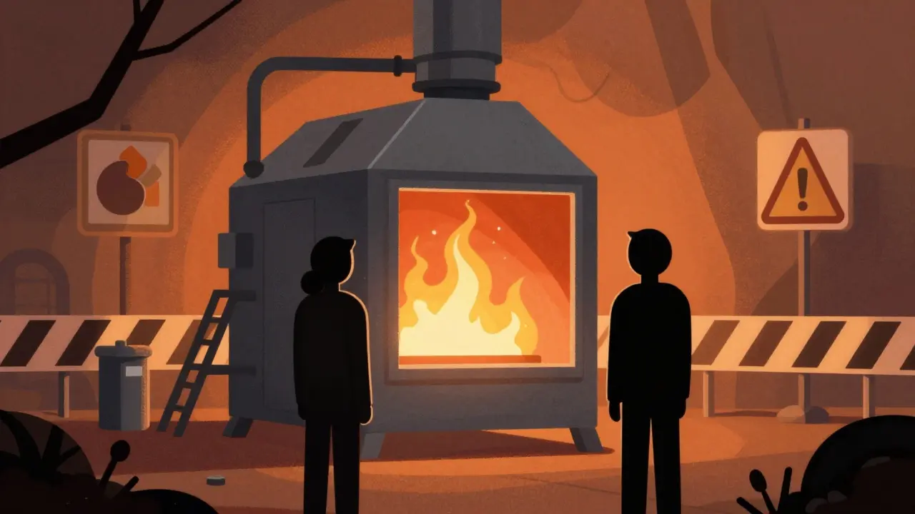 Two figures standing before stylized industrial incinerator unit in blocky art style