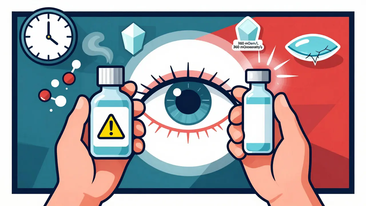 Two hands holding different artificial tear bottles: one with toxic preservatives, the other preservative-free, beside an eye with floating symptom icons.